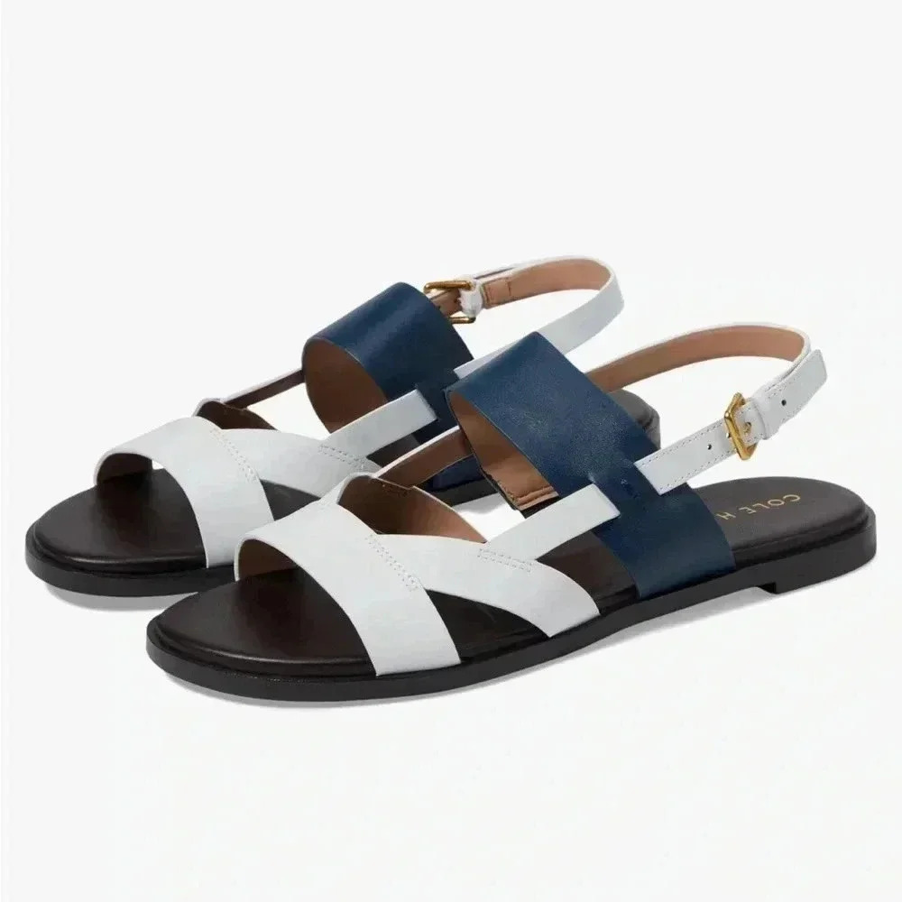 Cole Haan Sandals White Blue Leather Strap Fawn Sandals Shoes NWB Size 11 Buckle